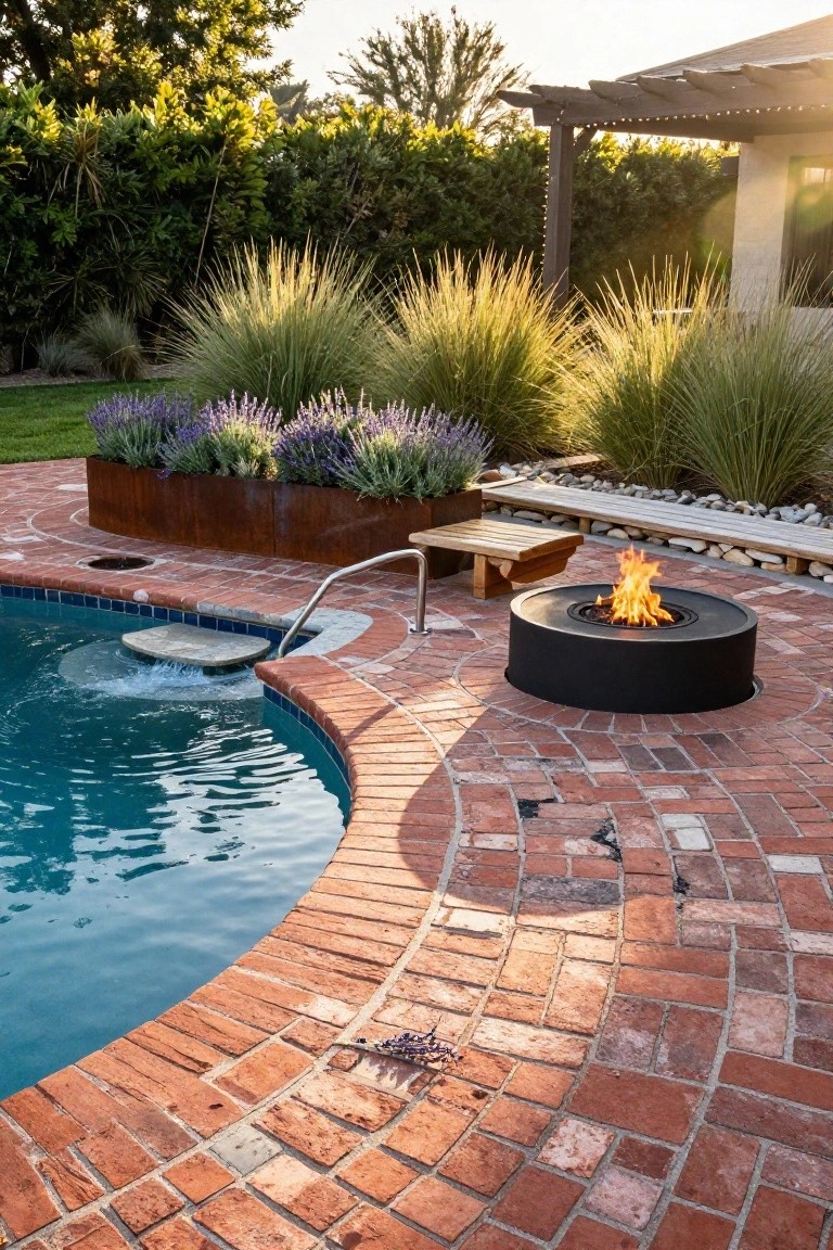 Curved brick paver deck surrounding a turquoise pool with integrated steps, a black circular gas fire pit, wooden benches, a corten steel planter of lavender, and ornamental grasses in a backyard setting.