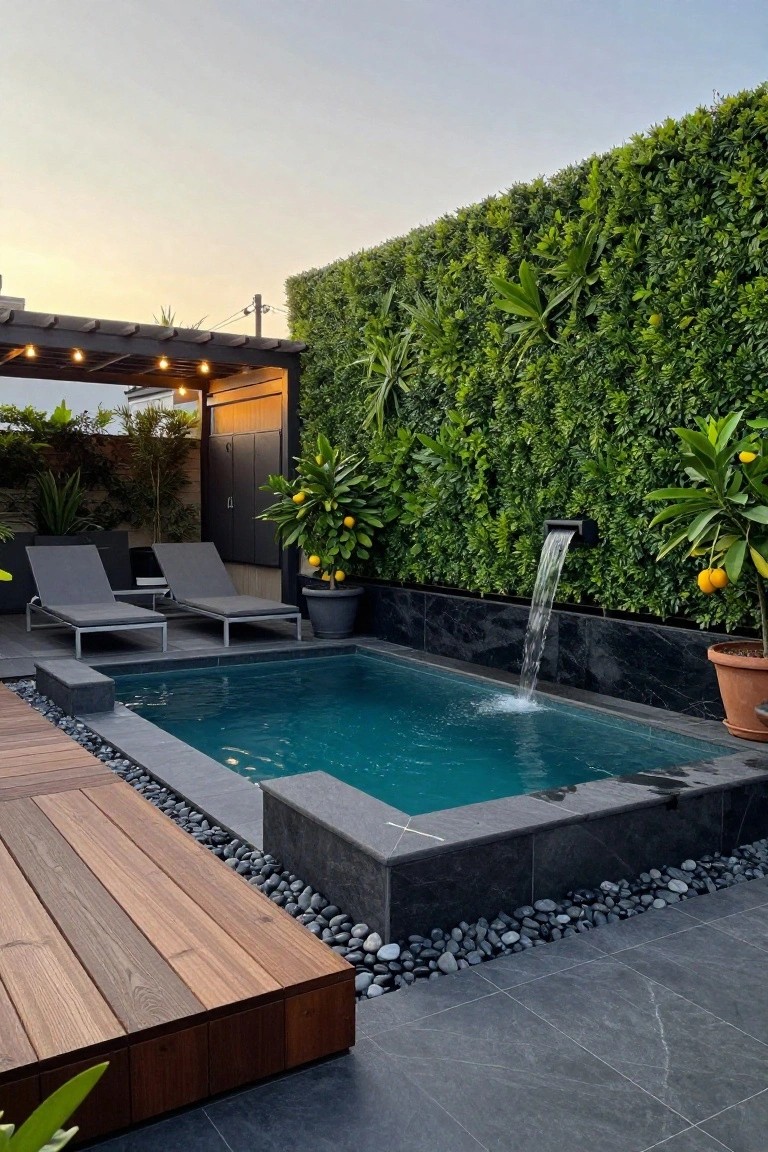 Small turquoise pool with dark slate tile surround edged in black pebbles, adjacent wooden deck platform, two gray lounge chairs, potted lemon trees, green wall backdrop, and wall-mounted waterfall.