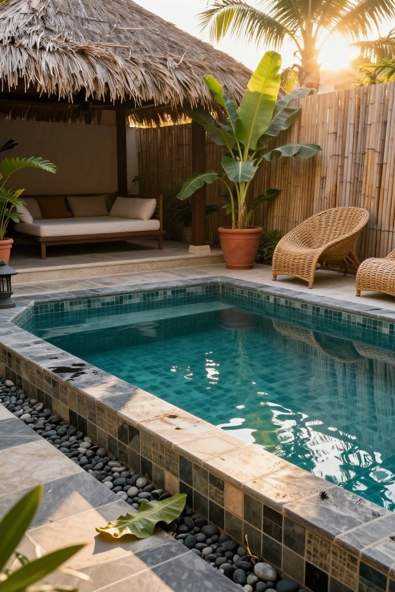 Small turquoise mosaic-tiled plunge pool edged with gray paver deck and black pebble borders, next to an open thatched-roof pavilion with beige daybed, rattan chairs, potted plants, and bamboo fence in a tropical outdoor setting at sunset.