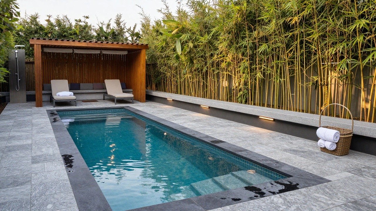 A narrow rectangular turquoise plunge pool with bubbling water on a gray stone paver deck, flanked by a wooden pergola with beige loungers, an outdoor shower, and bamboo privacy screens in a backyard at sunset.