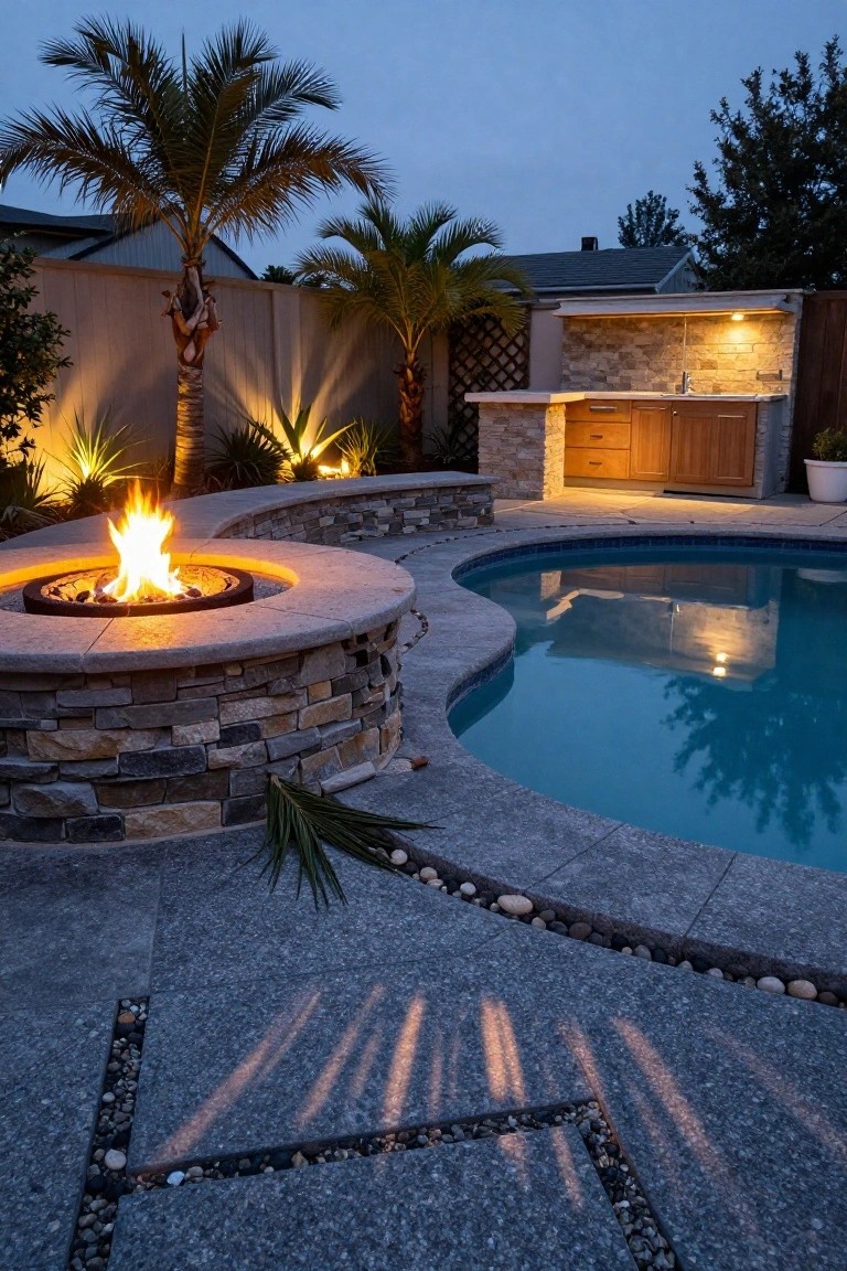 Curved backyard swimming pool at dusk with pebble paver deck, central round stone fire pit with flames, adjacent outdoor kitchen bar, palm trees, landscape lights, and wooden fence.