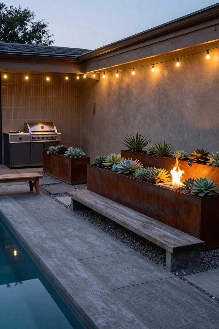 Backyard pool deck with gray pavers, corten steel raised planters filled with succulents including one with a linear gas fire feature burning, wood bench, stainless steel grill against tiled wall, and string lights overhead at dusk.