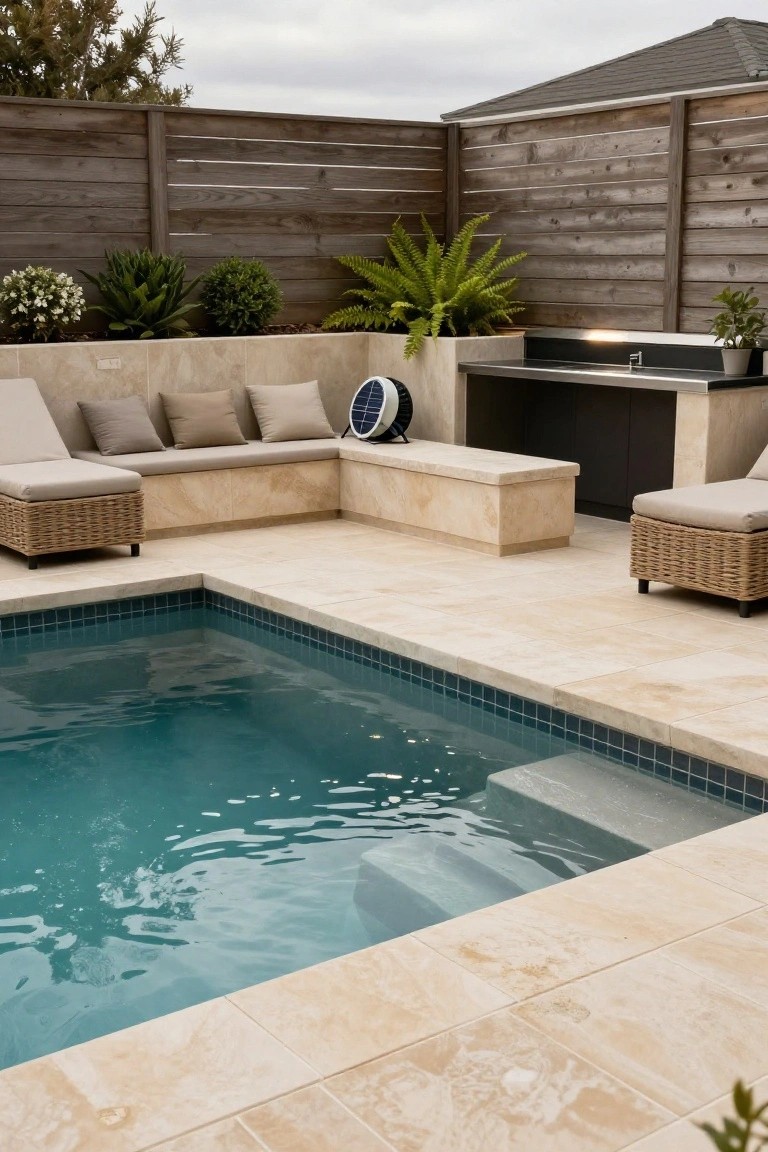 Backyard swimming pool with light beige rectangular paver decking, wooden privacy fences, potted plants, beige lounge chairs, built-in bench seating, and an outdoor kitchen counter.