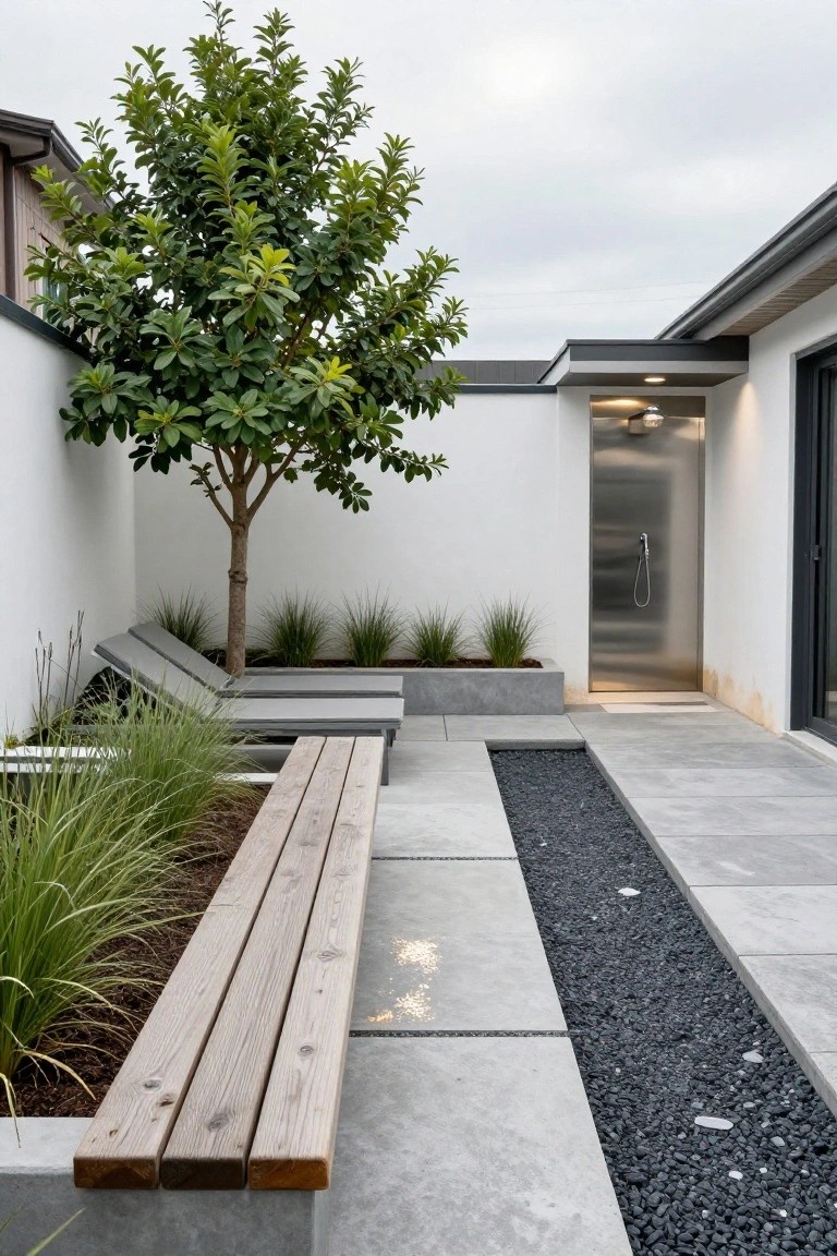 Gray paver deck in a modern courtyard with a long wooden slat bench integrated into a raised grass planter beside a linear black gravel channel, two cushioned lounge chairs, low grasses, a small tree, and a stainless steel outdoor shower door on a white wall.