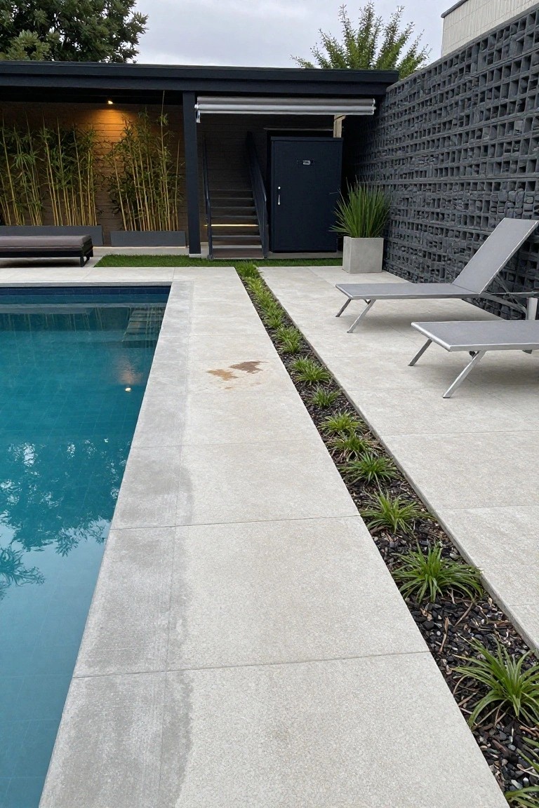 Backyard infinity-edge pool with light gray porcelain paver deck, narrow strip of low green plants in dark gravel mulch along the pool side, two gray loungers on the deck, bamboo screen and black metal wall nearby.