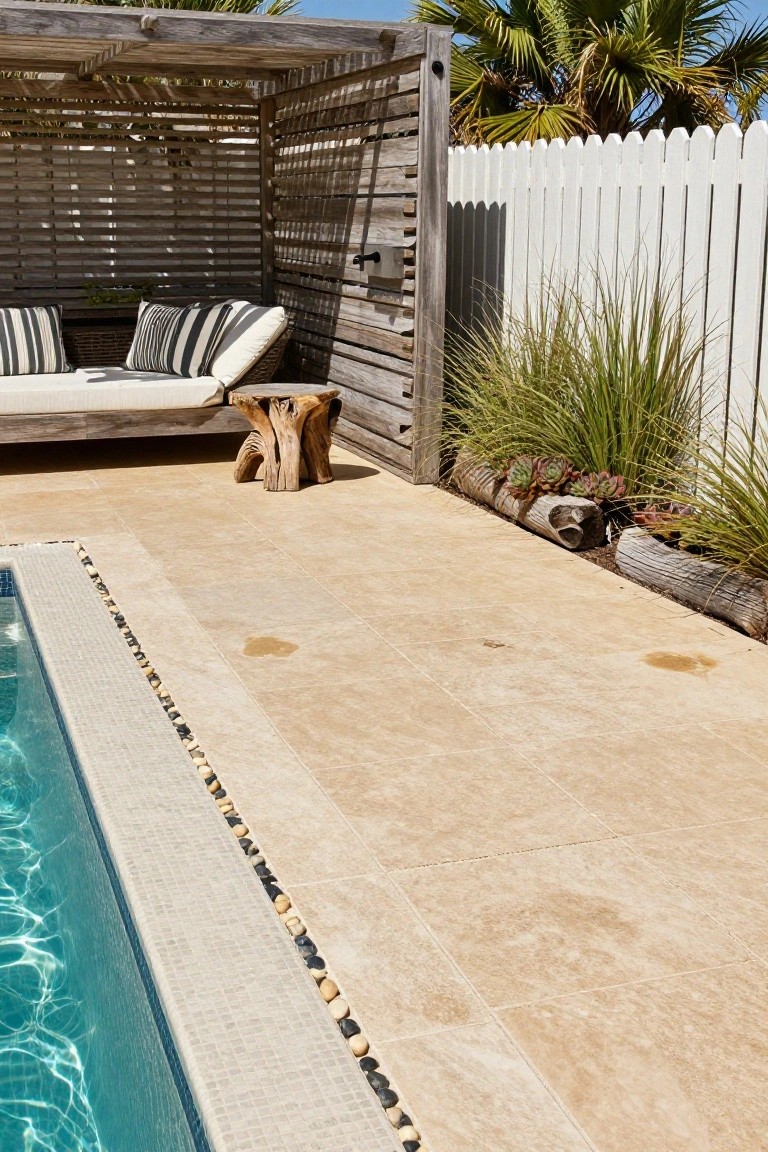 Backyard pool with blue water edged by white pebbles and glass mosaic tiles next to beige paver deck, wooden pergola with cushioned seating and stump stool nearby, tropical plants and white picket fence in background.