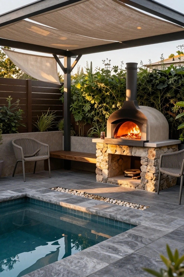 Backyard plunge pool on gray paver deck with lit wood-fired pizza oven on stone base, rattan chairs, wooden bench, pebble accents, pergola with fabric shade, and surrounding greenery and fence.