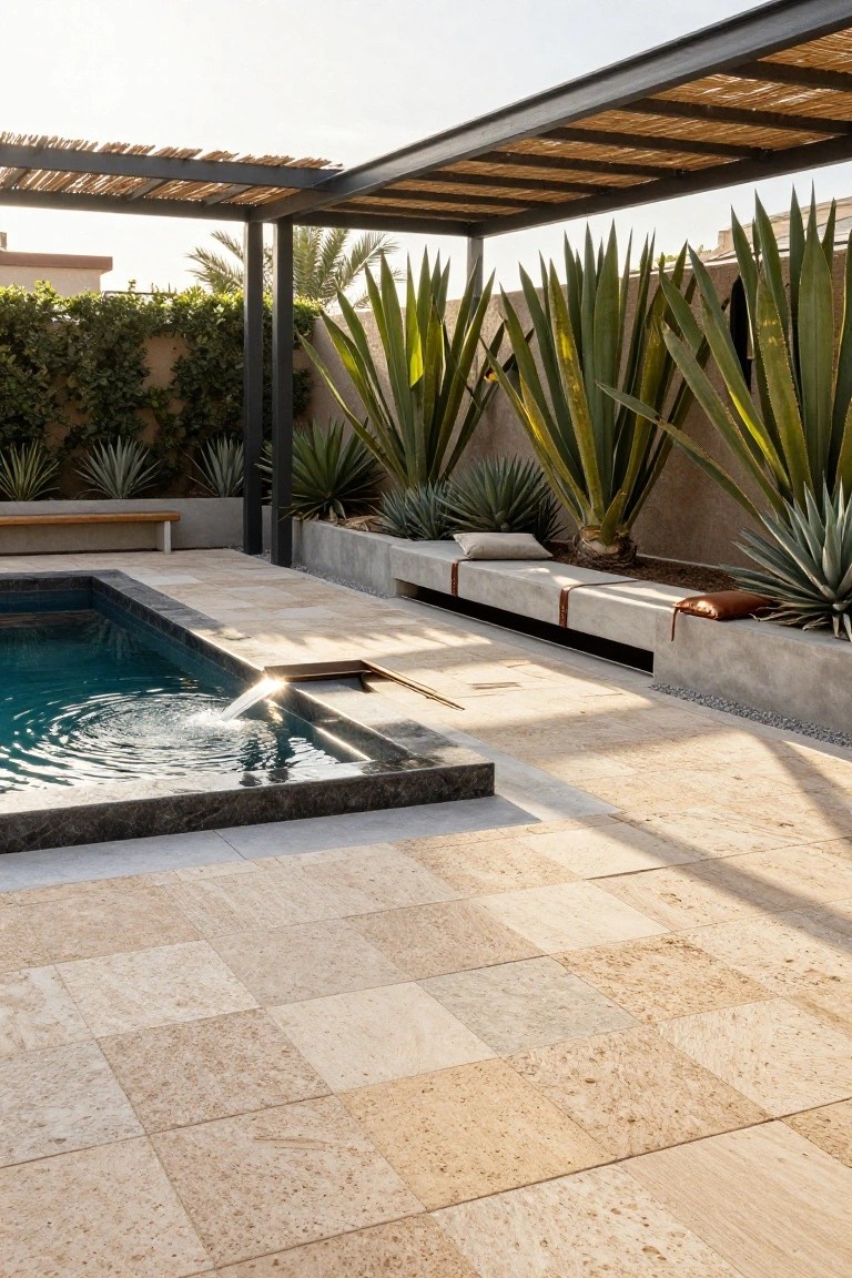 Rectangular pool with black stone coping and light beige square paver deck, concrete benches with leather straps and cushions, surrounded by agave plants under a metal pergola with thatched roof.