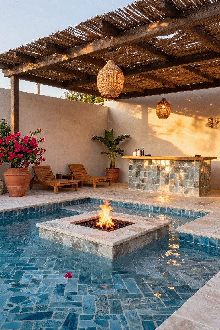 Backyard pool with central square stone fire pit in the water, surrounded by blue patterned mosaic tiles, light travertine paver deck, wooden bar counter with blue tiles, two loungers, potted plants, and thatched pergola overhead.