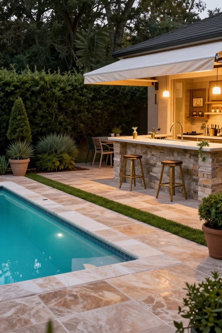 Backyard pool with light beige paver deck leading to a stone outdoor bar under an awning, flanked by plants and hedges at dusk.