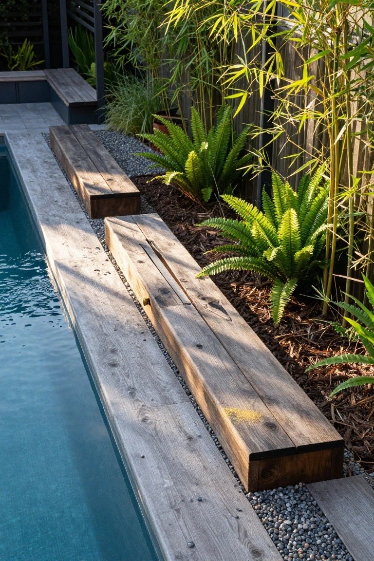 Close-up view of a rectangular swimming pool edged with light gray paver decking, featuring two long weathered wooden benches along one side, bordered by pebbles, mulch beds with ferns and bamboo plants.