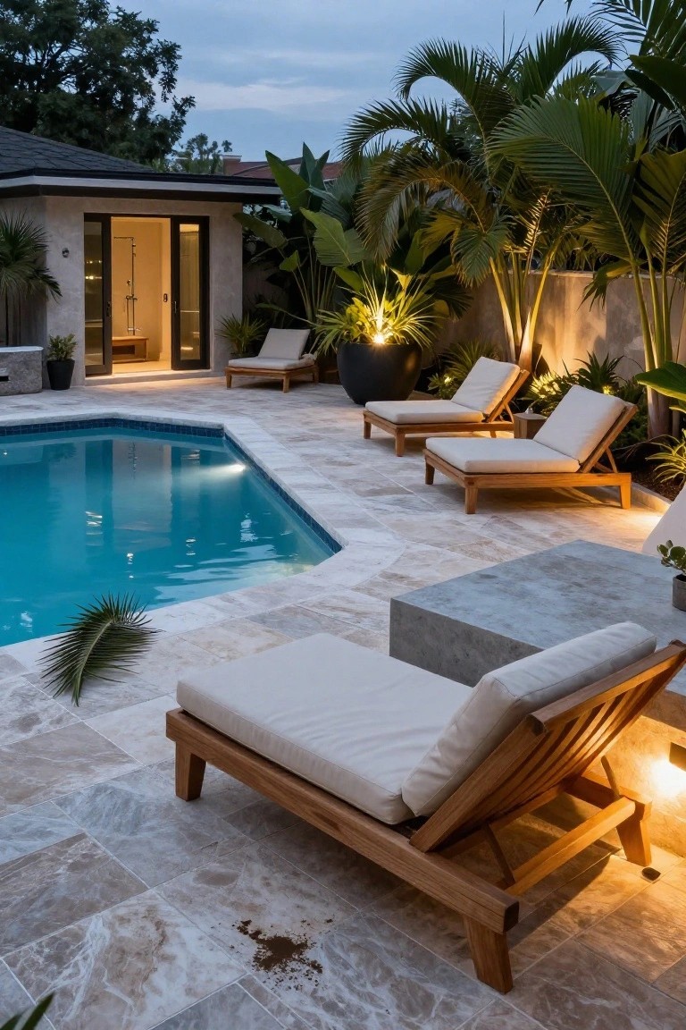 Backyard pool with light travertine paver deck, wooden lounge chairs, concrete table, outdoor shower cabana, palm trees, and low lighting at dusk.