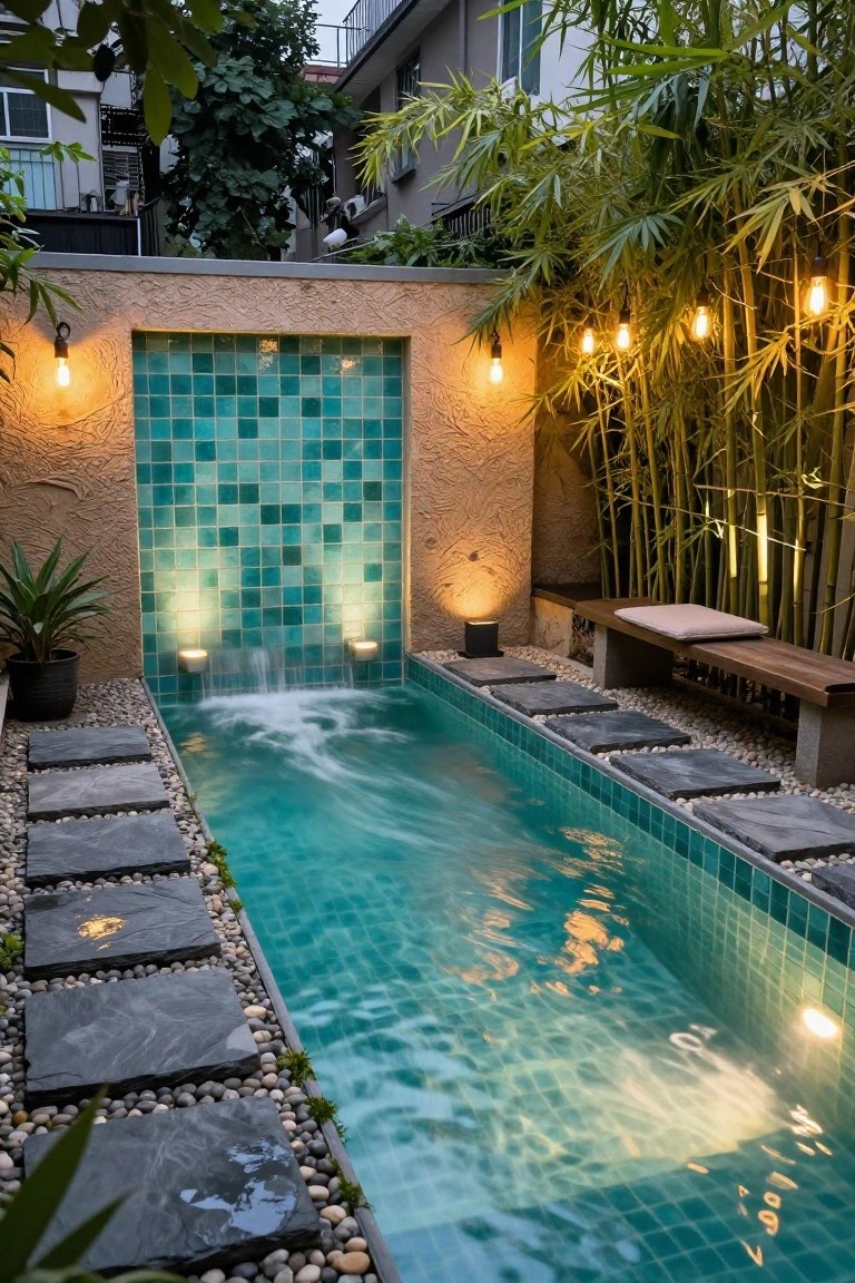Narrow rectangular pool with turquoise tiles and flowing water from a matching tiled wall fountain at one end, edged by dark slate stepping stones and pebbles, flanked by bamboo plants, a wooden bench with cushion, potted plants, and warm string lights at dusk.