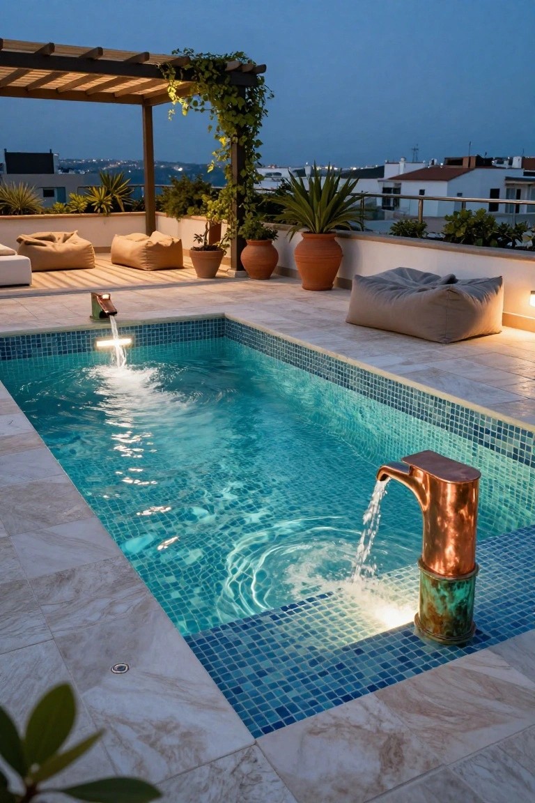 Rooftop infinity pool at dusk with copper spout water feature pouring into blue mosaic-tiled water, edge lighting illuminating the flow, beige pouf seating, potted plants, pergola, and distant cityscape.