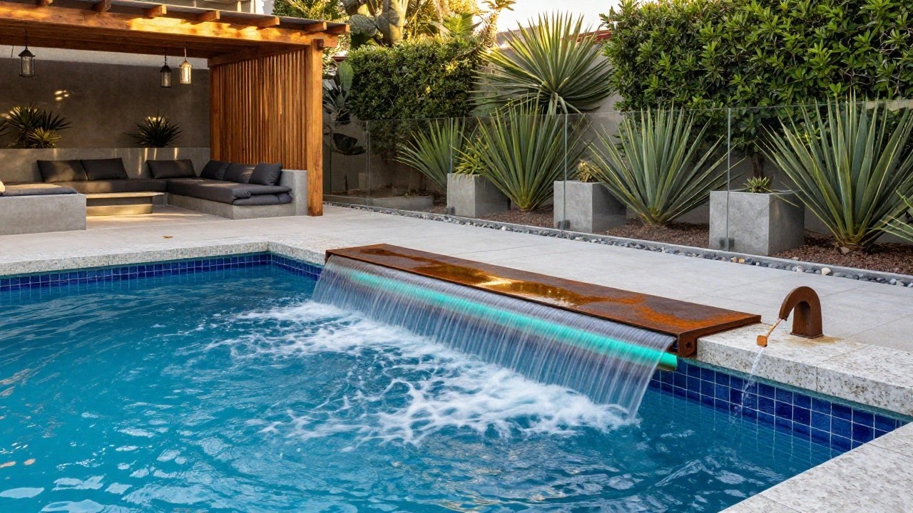 Raised wooden lounge platform with dark cushions overlooking a blue-tiled pool, featuring a lit waterfall edge spilling water into the pool, wooden pergola structure, potted plants, and stone hardscaping.