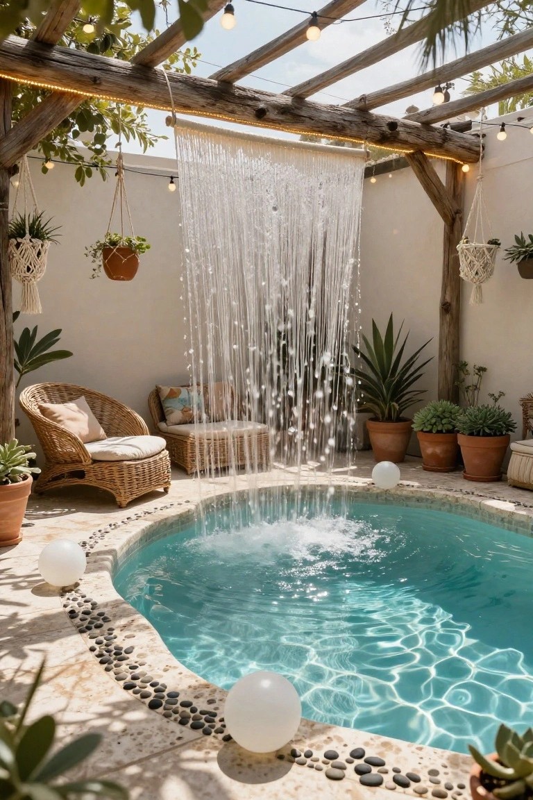 Small curved turquoise pool with white beaded water curtain falling into it from a wall, surrounded by rattan lounge chairs, potted plants, macrame hangers, string lights on wooden pergola structure, and white orb lamps on pebble-edged patio.