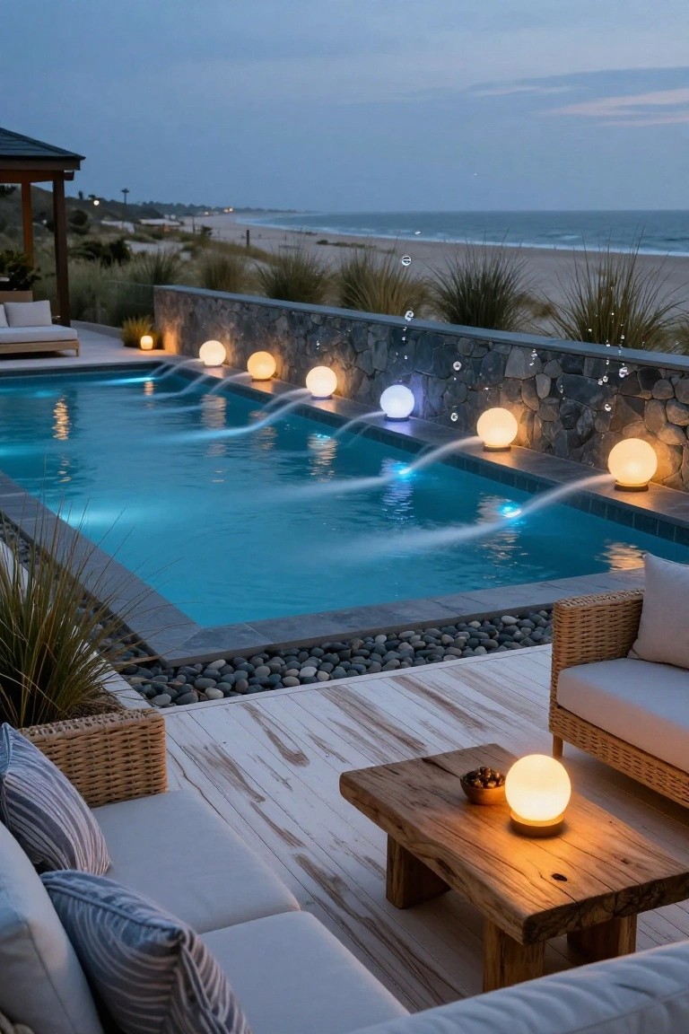 Infinity-edge pool at dusk with three waterfalls flowing from a stone wall lined with glowing spherical lights, turquoise water, nearby outdoor seating on a wooden deck, beach dunes and ocean in background.