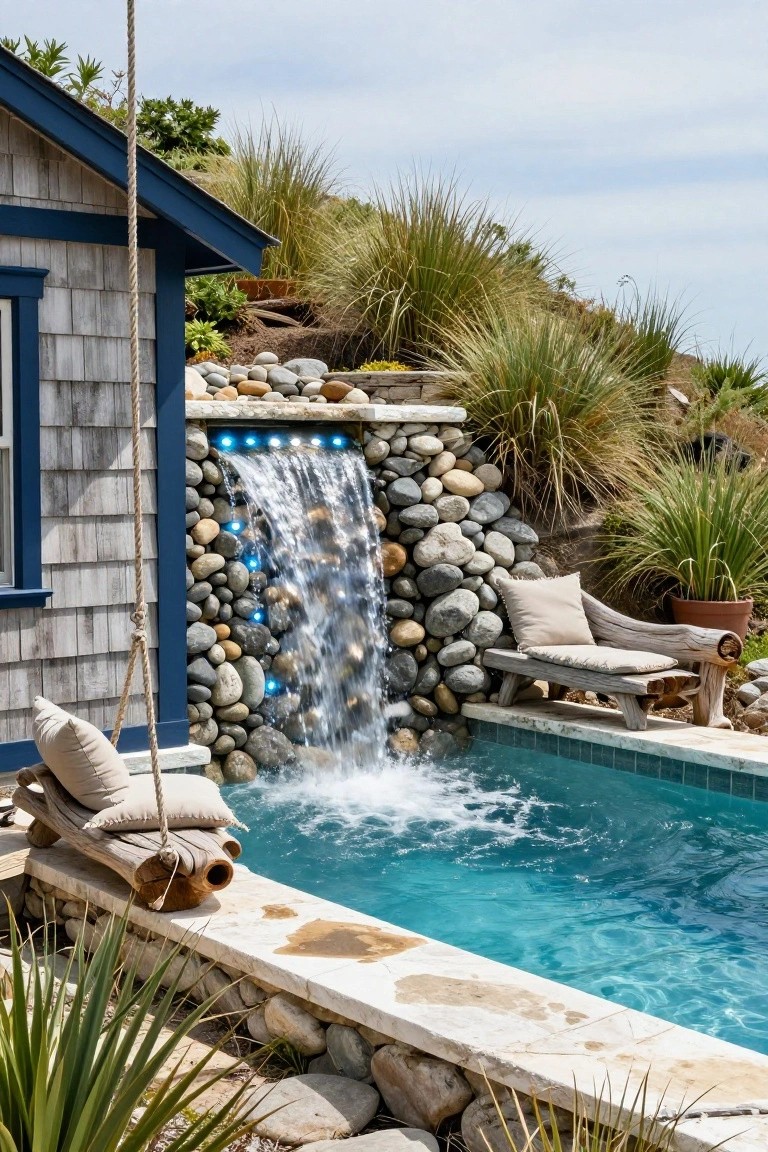 Blue-shingled cabin next to turquoise pool with LED-lit rock waterfall, rope swing, wooden lounge chair, and surrounding grasses and plants.