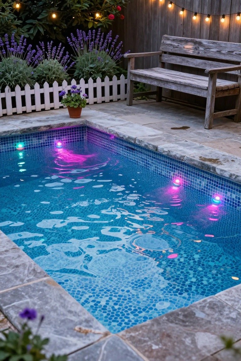 Small rectangular pool with blue mosaic tiles and purple underwater lights glowing in the water, surrounded by stone paving, lavender plants, white picket fence, wooden bench, and string lights on a backyard fence at dusk.
