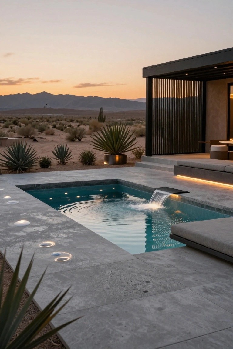 Small rectangular pool with waterfall spilling from a raised gray tiled edge lit by LED strips underneath, underwater pool lights creating ripples, surrounded by gray stone deck, built-in seating, agave plants, black metal screen, and desert landscape at sunset.