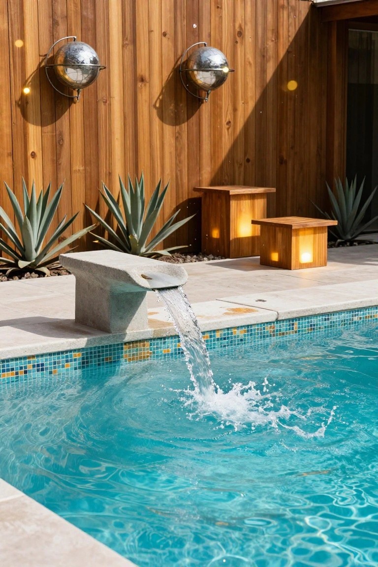 Concrete fountain spout pours water into a turquoise pool with colorful tile edge, surrounded by travertine decking, wooden fence with agave plants, wall-mounted globe lights, and two glowing wooden cube stools.