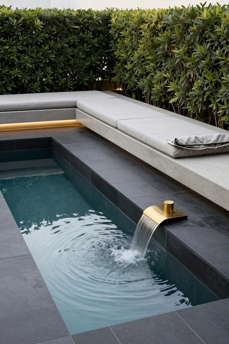 Small rectangular plunge pool with turquoise water and black tile edges features a gold waterfall spout on one side creating a cascading sheet of water, next to gray concrete L-shaped bench seating and surrounded by dense green hedges.