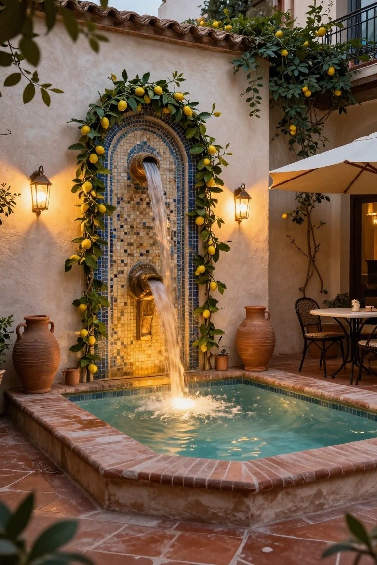 Blue and gold tiled wall fountain with brass spout and cascading water into a turquoise pool, surrounded by lemon vines with yellow fruits, terracotta pots, lanterns, and a small table with chairs in a stucco courtyard at dusk.