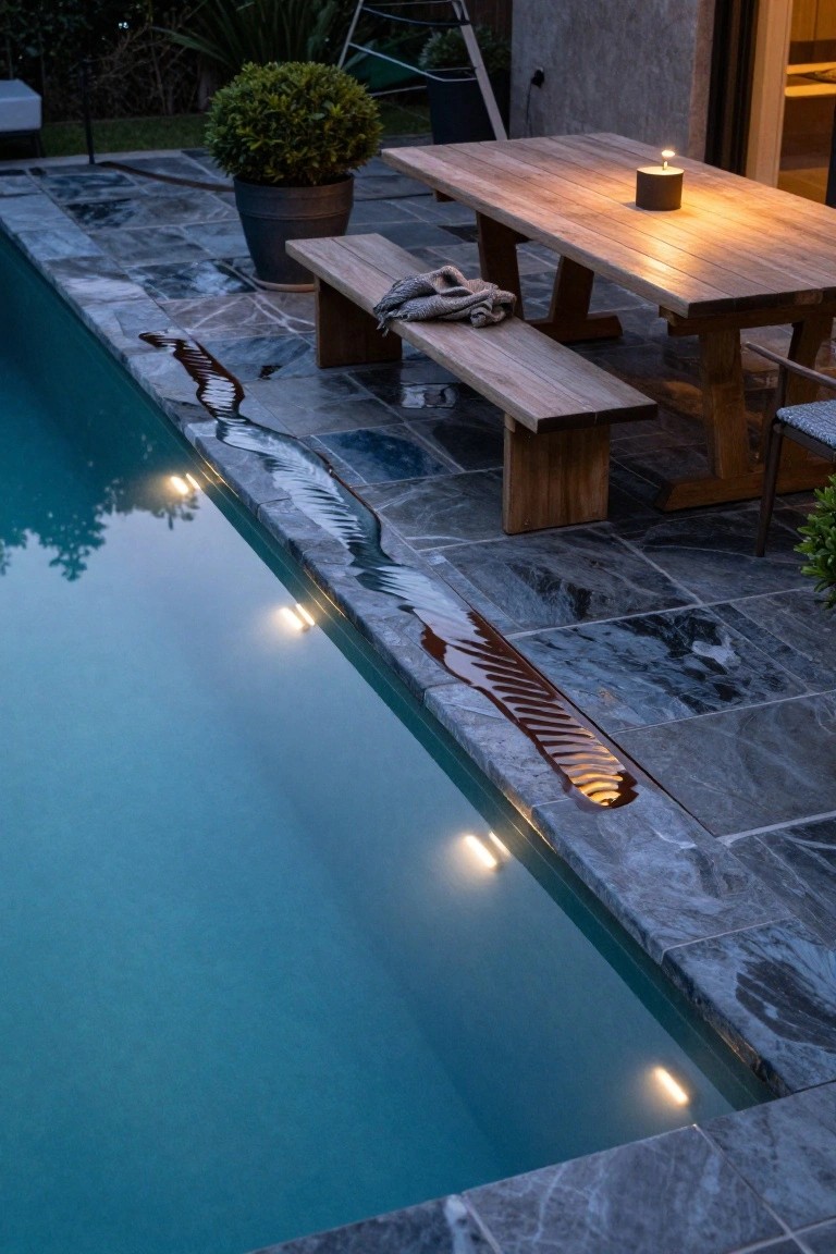 Overhead view of a turquoise pool at dusk with linear underwater lights glowing along the slate-tiled edge, water reflections in a narrow channel, wooden table with candle and benches on the patio nearby.