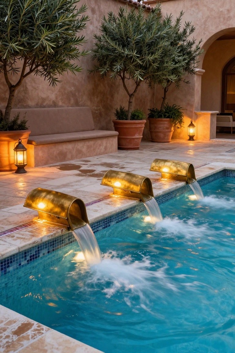 Outdoor pool with three illuminated golden brass lion-head spouts mounted on the edge pouring water into blue mosaic-tiled water, surrounded by olive trees in pots, a bench, lanterns, and stucco architecture.