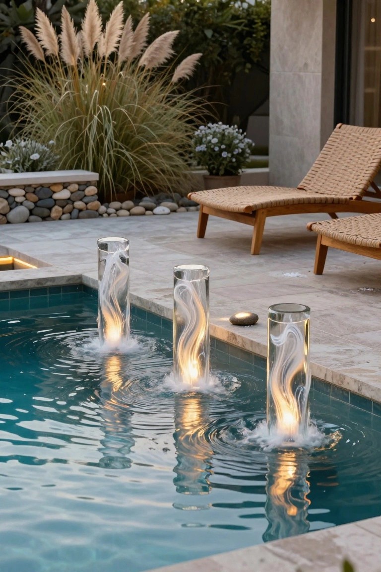 A turquoise inground pool with three tall cylindrical clear glass water features emitting illuminated swirling water jets from the surface, positioned on a tiled patio surrounded by pampas grass, woven lounge chairs, river rocks, and low lighting.