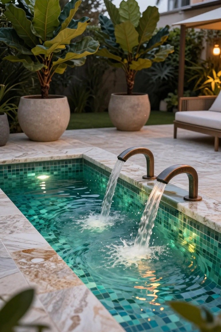Small rectangular pool lined with green mosaic tiles and underwater lighting, two curved bronze spouts pouring water into it from the edge, surrounded by light stone decking, large potted plants, and a lounge chair in an outdoor garden setting.
