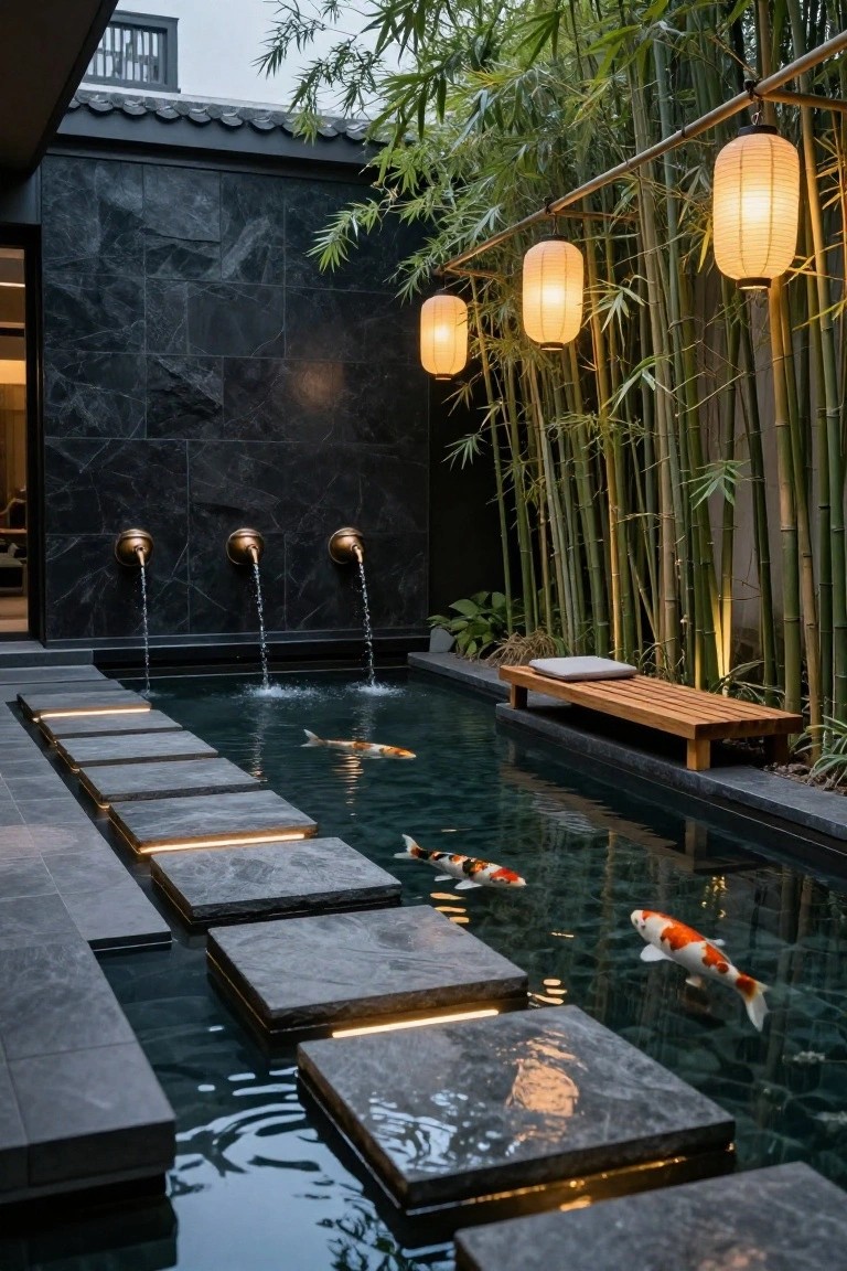 Narrow rectangular koi pond in an outdoor courtyard with colorful koi fish swimming, large flat stepping stones lit from below crossing the water, three brass wall spouts with falling water, surrounding black stone walls, bamboo plants, hanging paper lanterns, and a wooden bench with cushion.