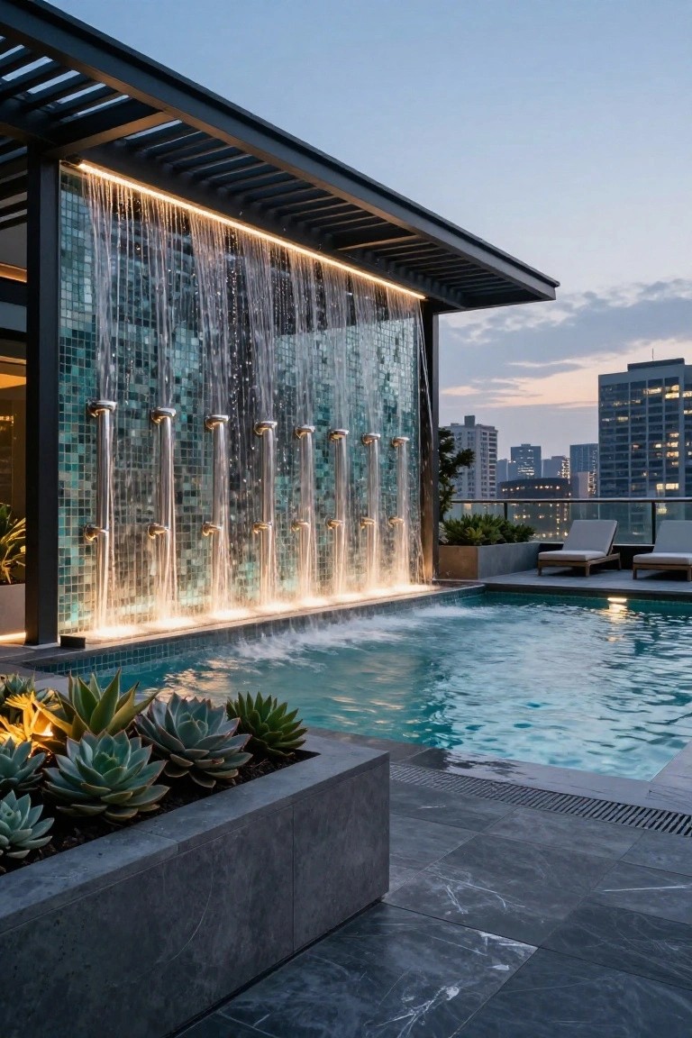 Rooftop pool with a teal mosaic-tiled wall featuring multiple vertical water streams from stainless steel showerheads, illuminated by LED lights along the edges, surrounded by potted succulents, lounge chairs, and a city skyline at dusk.