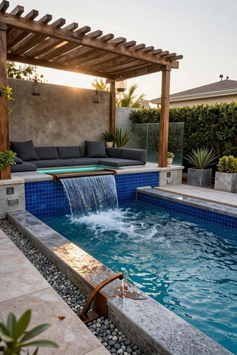 Raised wooden lounge platform with dark cushions overlooking a blue-tiled pool, featuring a lit waterfall edge spilling water into the pool, wooden pergola structure, potted plants, and stone hardscaping.