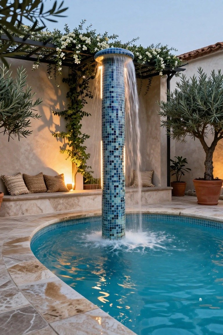 Curved turquoise pool with tall central blue mosaic-tiled fountain column pouring water, surrounded by stone decking, cushioned benches, potted plants, olive trees, climbing vines on metal arbor, and warm evening lighting.