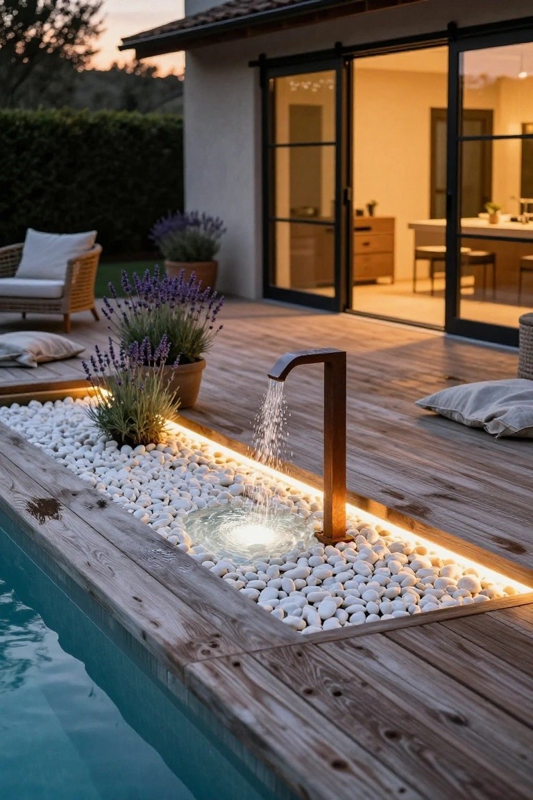 Bronze spigot on a wooden deck pours water into a rectangular channel filled with white pebbles and edged with LED lights next to a turquoise pool, with lavender plants, cushions, and a house interior visible through open sliding doors at dusk.
