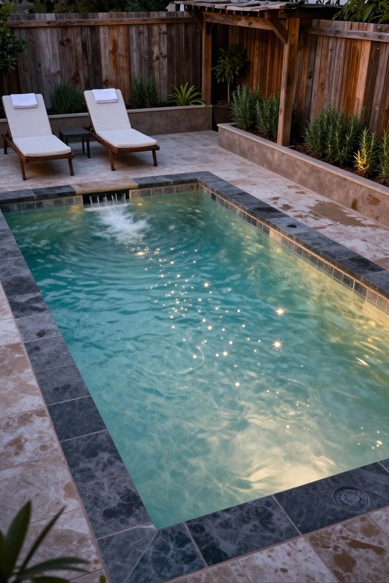 Small rectangular pool with turquoise water, bubbling fountain at one end, underwater lights creating sparkles on the surface, two beige loungers with white towels on tiled deck, wooden fence enclosure, and surrounding plants.