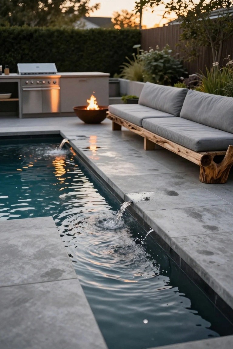 Narrow infinity-style pool with water cascading from an edge feature into the blue water, next to wooden outdoor sofas, a terracotta fire bowl, gray stone paving, and distant barbecue setup at sunset.
