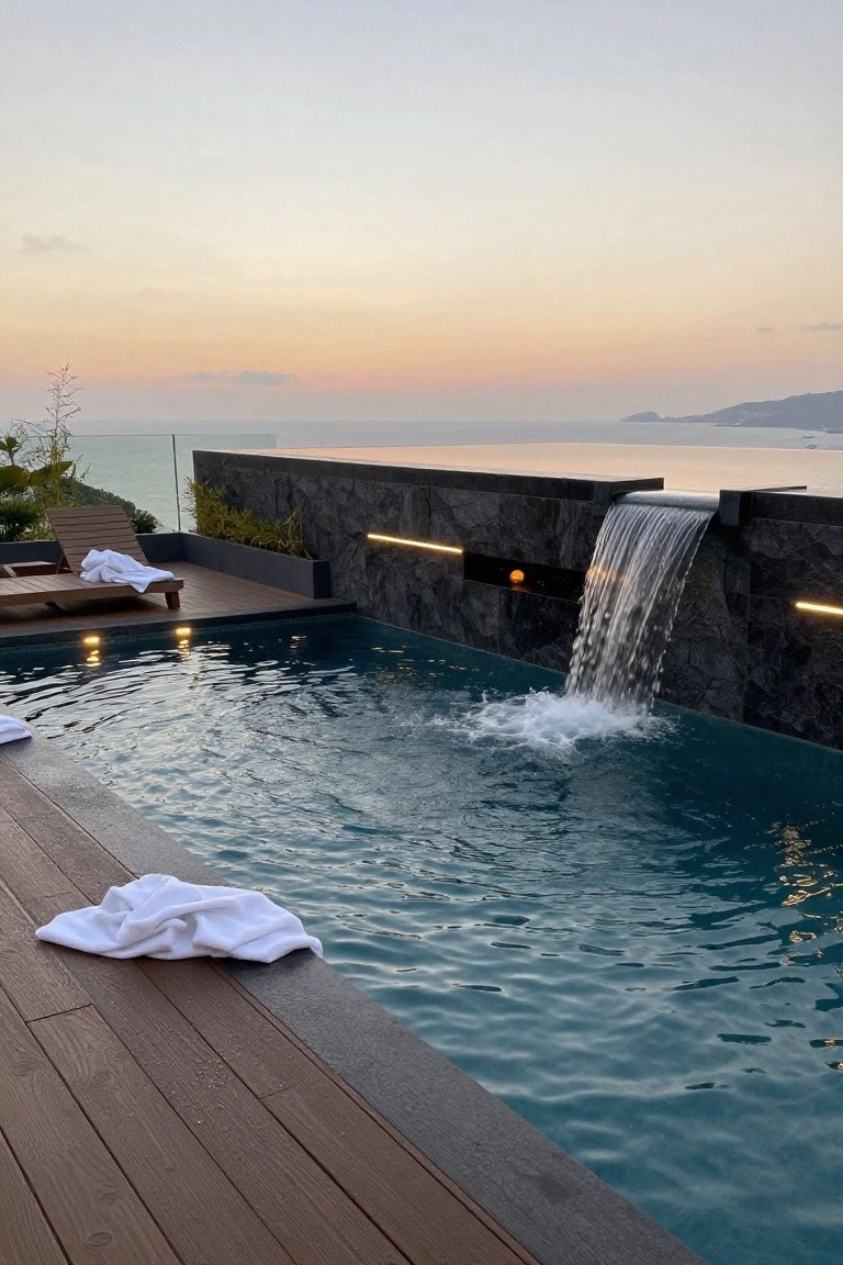 Infinity-edge pool on a wooden deck with a black stone wall waterfall illuminated by LED strips and featuring a small orange fire orb, towels on loungers and deck edge, ocean view at sunset.