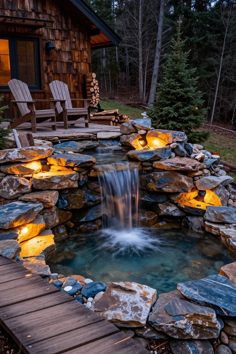 Dusk view of a shingled wooden cabin with deck chairs and wood stack beside a rock-bordered pond featuring a waterfall illuminated by orange lights in crevices and underwater, surrounded by trees and a boardwalk path.