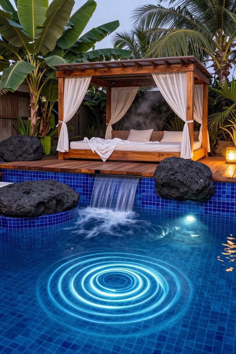 Blue mosaic-tiled pool with waterfall over black lava rocks, underwater lights illuminating concentric ripple patterns in the water, wooden daybed cabana with white curtains and tropical plants nearby.