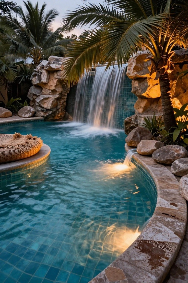 Outdoor pool with turquoise tiles, rock waterfall feature, uplighting on palms and stones, rattan float on edge, at dusk with tropical plants.