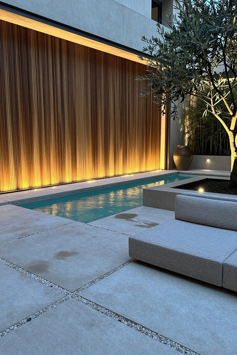 Outdoor pool area at dusk with tall backlit vertical wooden slat wall glowing golden, turquoise lap pool, low modern gray sofa on concrete pavers with pebble joints, potted olive tree, and bamboo plants.