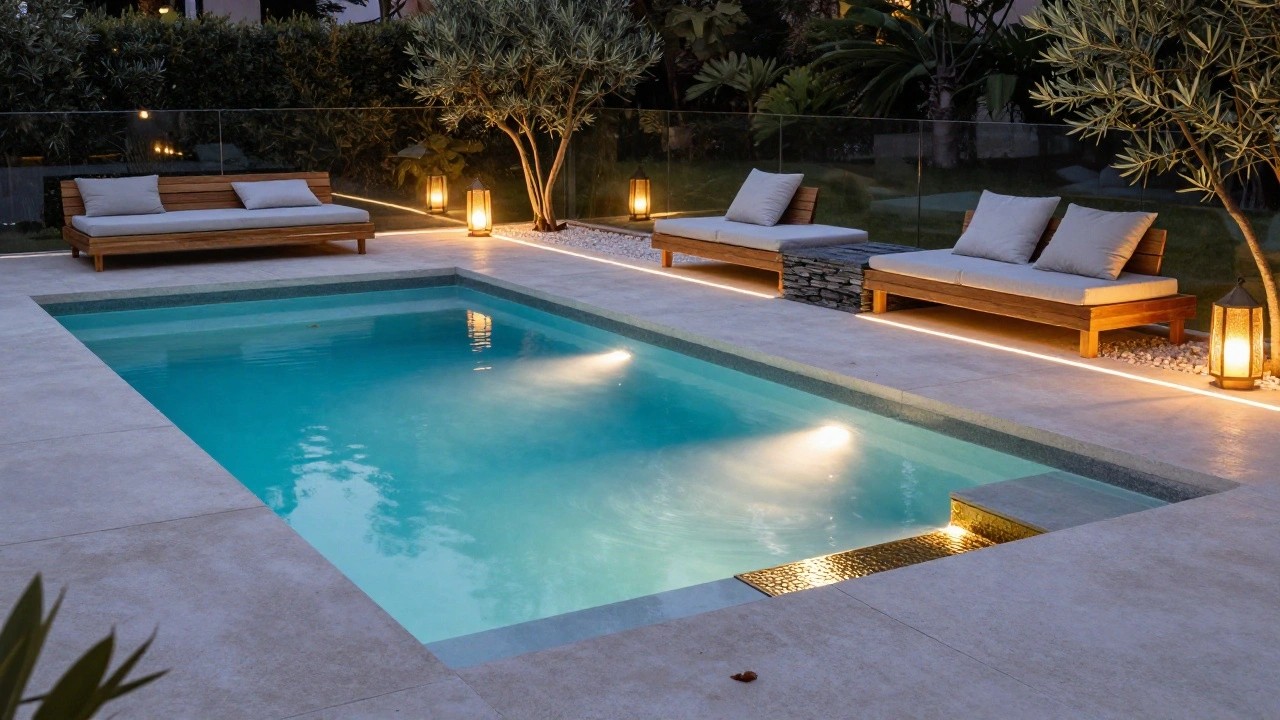 Rectangular pool with blue underwater edge lighting at dusk, gray stone decking and coping, glass fencing, wooden daybed with gray cushions, two lanterns, gold stool, and surrounding olive trees and pebbles.