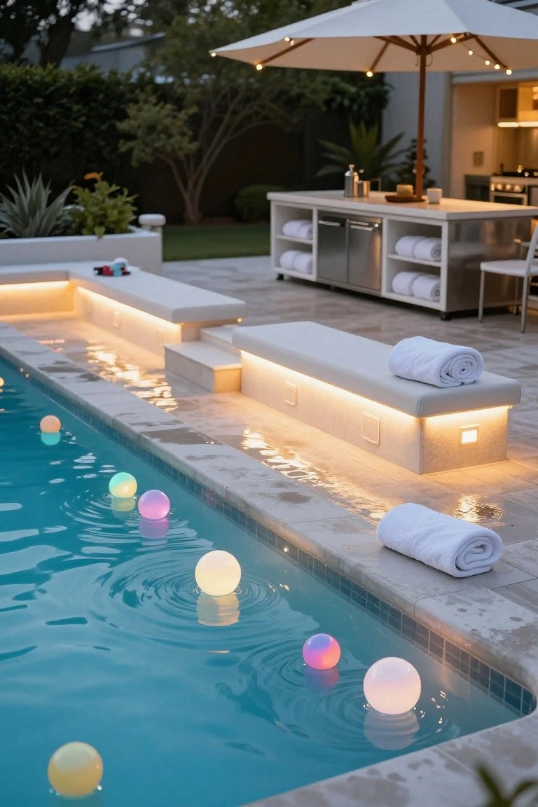 Backyard pool at dusk filled with colorful glowing floating balls, white LED-lit benches along the edge with folded towels, an outdoor kitchen nearby, and string lights overhead.