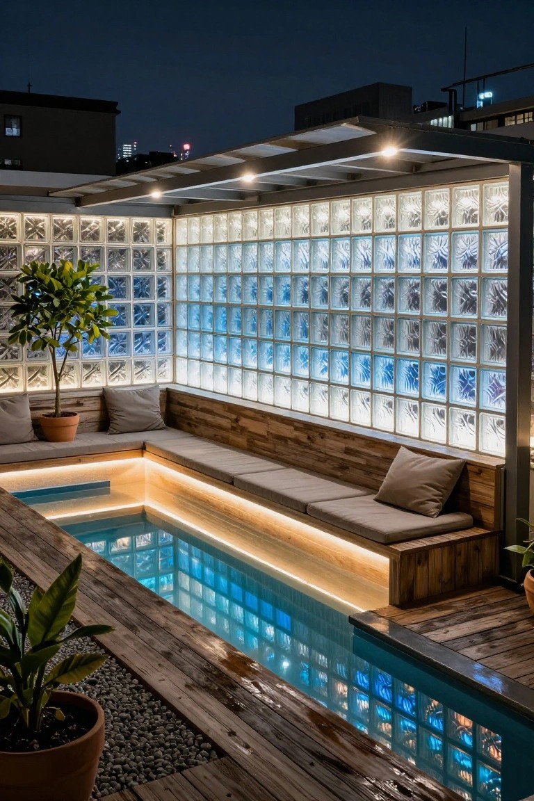 Nighttime rooftop pool area with blue-lit shallow pool water reflecting blue glows onto a tall adjacent glass block wall, wooden built-in benches with cushions, potted plants, decking, and cityscape backdrop.