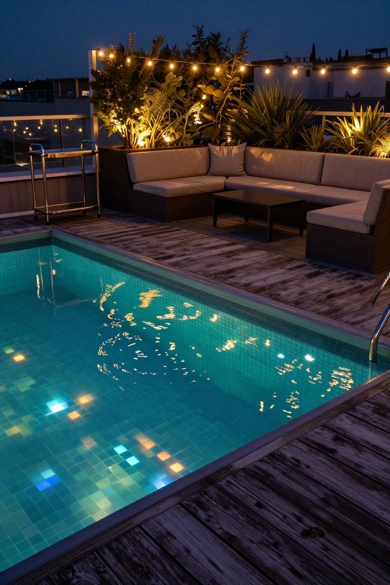 Rooftop pool with glowing turquoise mosaic tiles and colorful light reflections in the water at night, adjacent wooden deck, L-shaped beige outdoor sofa, potted plants, and string lights.