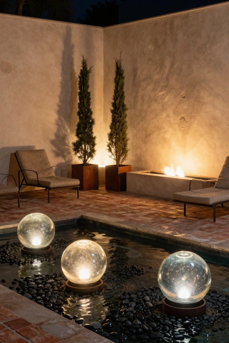 Nighttime outdoor patio with shallow rectangular pool holding three large illuminated glass spheres on bronze bases surrounded by black pebbles, next to a linear fire pit, two lounge chairs, potted cypress trees, and beige stucco walls.