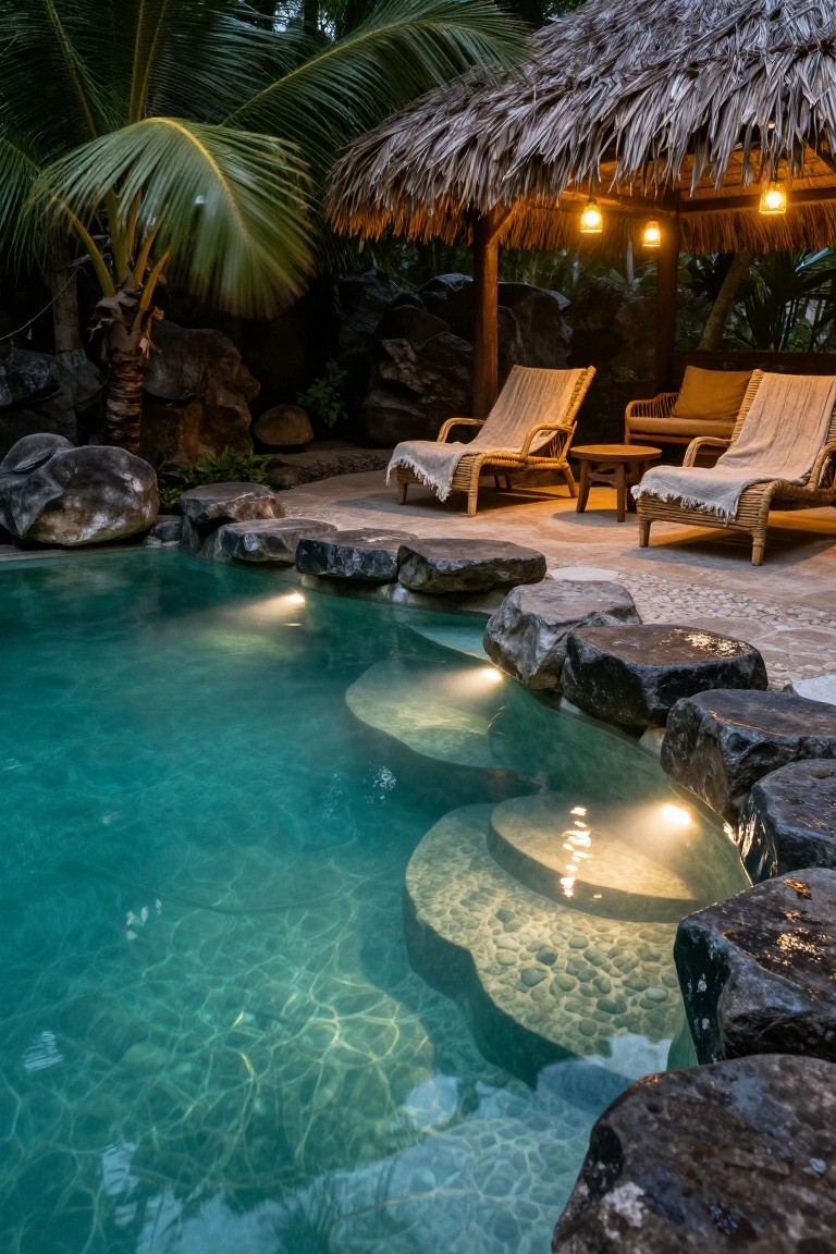 Tropical outdoor pool at night with turquoise water, black rock steps descending into the shallow end illuminated from below, surrounded by boulders, lounge chairs under a thatched roof gazebo, and palm trees.