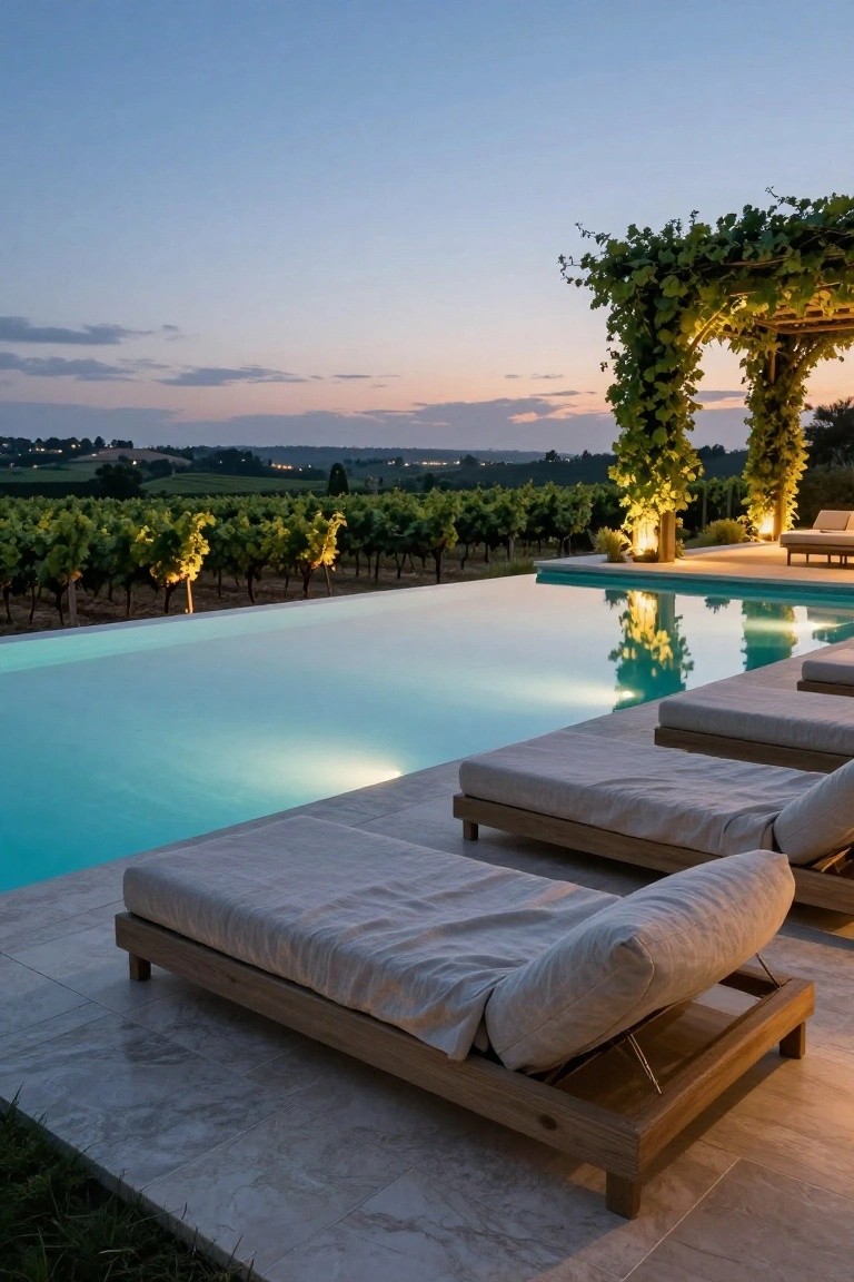 Infinity edge pool with underwater lighting at dusk, adjacent to a tiled terrace with wooden lounge chairs, grapevine pergola, and vineyard landscape in the background.